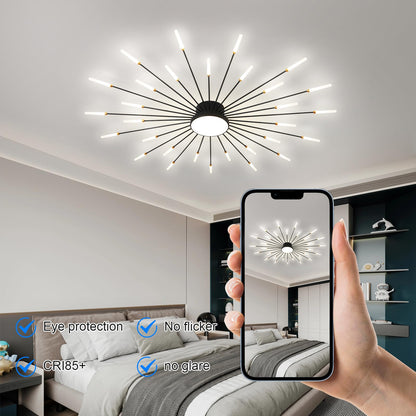JAYMP Ceiling Light Modern Flower Shape Ceiling Lamp for Living Room Dining Room Flush Mount Metal Acrylic Sputnik Firework Petal LED Lighting Fixture (Matte Black, 30+1 Lights)