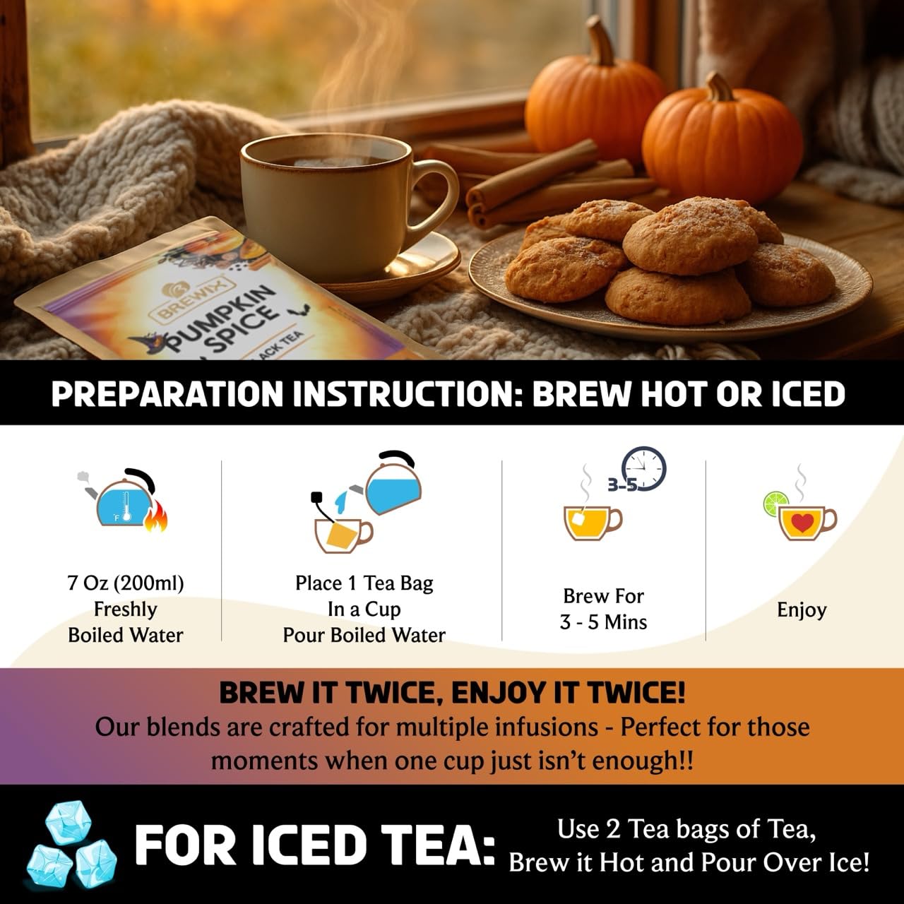 BREWIX, Pumpkin Spice Black Tea Bags (25 Pyramid Bags) | Cozy Fall Blend with Cinnamon, Ginger, Nutmeg & Clove | Caffeinated, Warm & Aromatic | Perfect for Autumn & Halloween