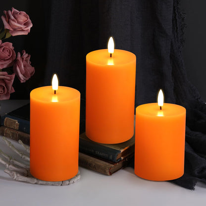 Eywamage Orange Fall Flameless Pillar Candles with Remote, Flickering Thanksgiving LED Wax Candles Battery Operated Set of 3
