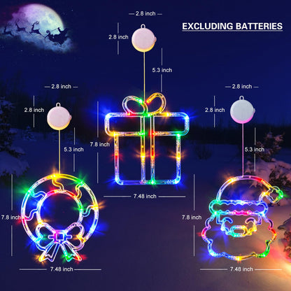 LOLStar Christmas Window Decorations 3 Pack Wreath Gift Box Santa Claus Christmas Window Lights with Suction Cups, Battery Operated Xmas Lights Decors, 2024 Upgrade Slow Fade Mode and Timer Function