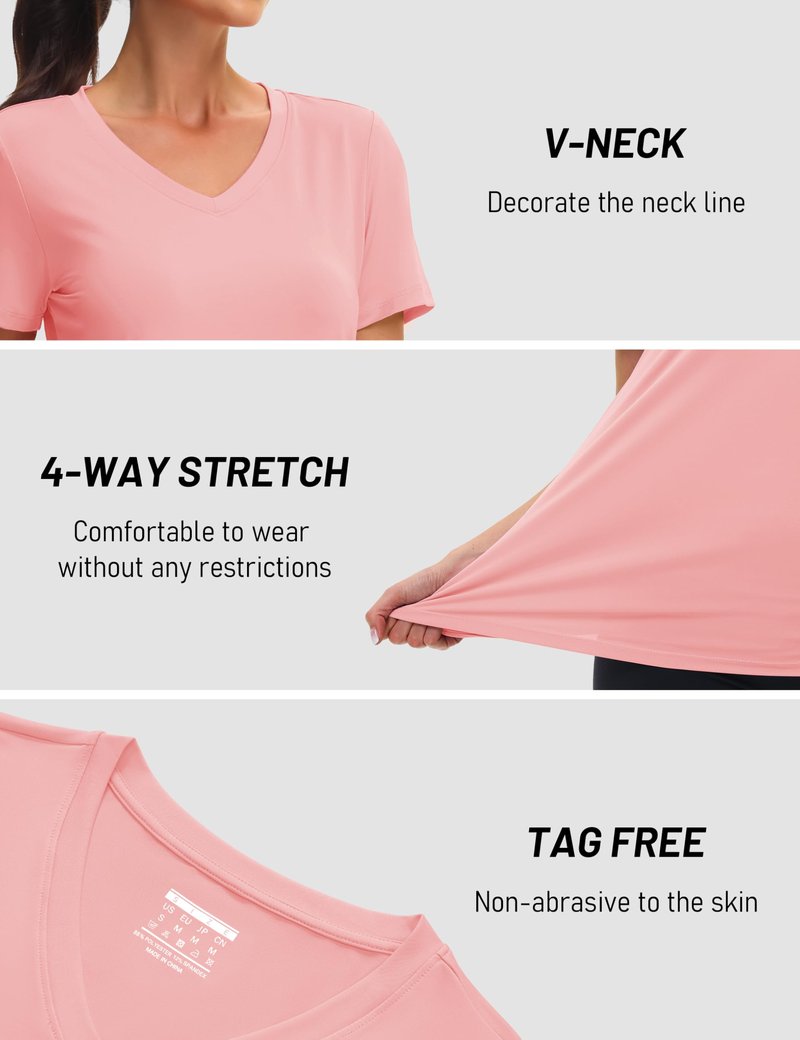 MAGCOMSEN Short Sleeve Workout Tops for Women V Neck T Shirts UPF Summer Tees Breathable Gym Hiking Yoga Tops, Pink, L
