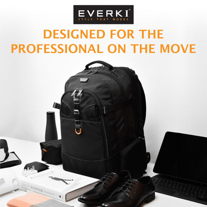 EVERKI Business 120 Laptop Backpack with Rain Cover, 40L Capacity, Large Compartment for Laptops Up to 18.4", 180° Fold-Out Design, Padded Pocket, Durable Design with Multiple Pockets – EKP120 - Black