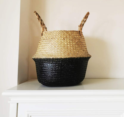 Seagrass Belly Basket Woven Plant Pot with Handles Natural Foldable for Storage Laundry Blankets Toys (Natural + Black)