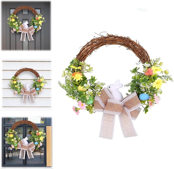 Spring Easter Wreath with Bunny, Floral Decorations, Burlap Bow, 14 inches