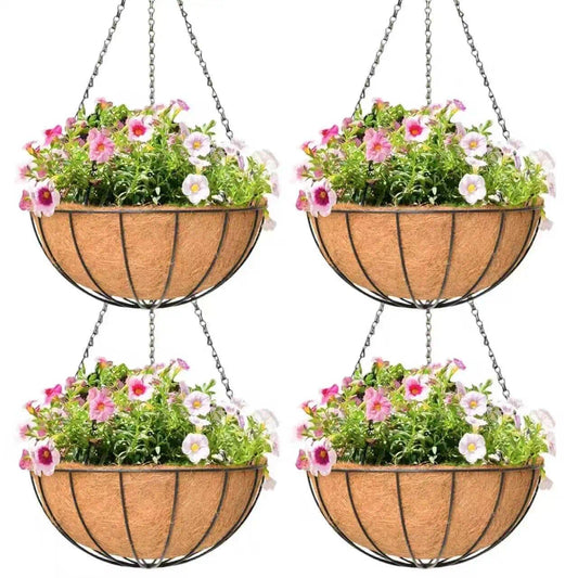 Qusuxi 4 Pack 16 Inch Hanging Planters Outdoor Metal Hanging Flower Baskets with Coco Fiber Liners Chain Round Wire Plant Holder Hanging Flower Pots (Watermelon)