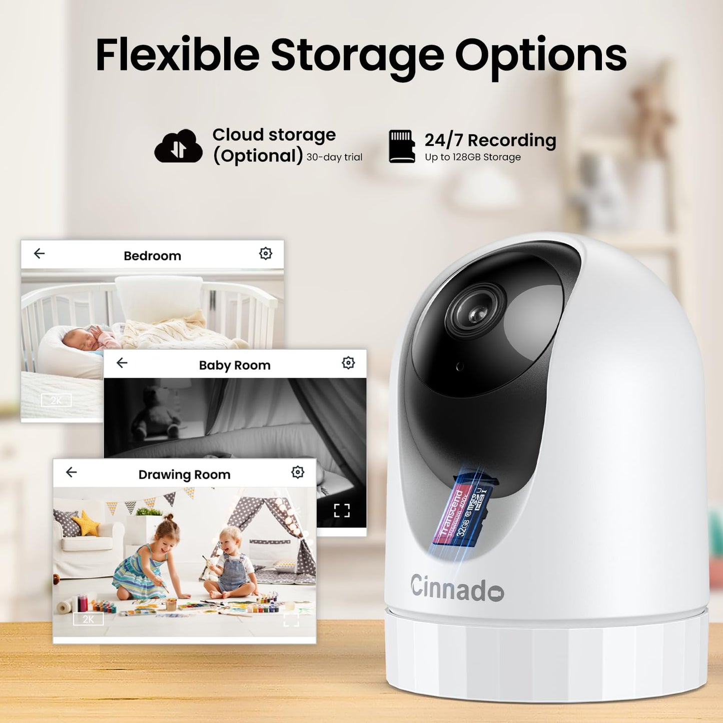 Cinnado Security Camera Indoor-2K 360° WiFi Cameras for Home Security，Pet/Dog/Baby Camera with Phone app, 2-Way Audio, Night Vision, 24/7 SD Card Storage, Works with Alexa & Google Home (2.4Ghz)-D1