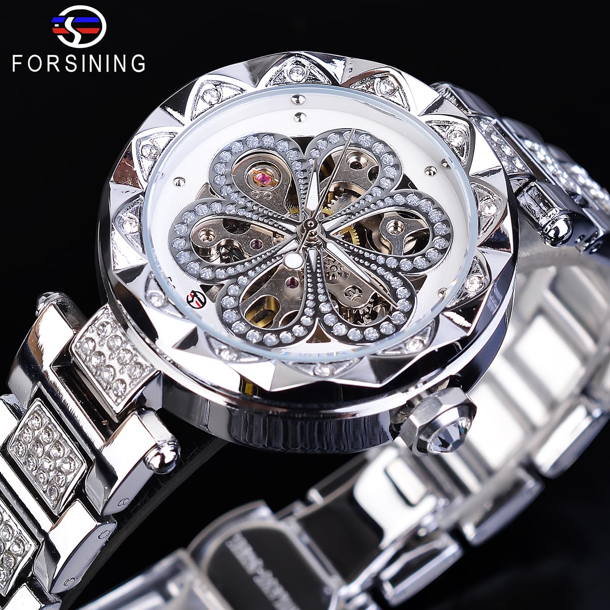 FORSINING Women Automatic Mechanical Watches Skeleton Steampunk Watch with Diamond and Carving Flower Craft Cold Watch for Women Minimalist Retro Design Mechanical Skeleton Wrist Watch Transparent