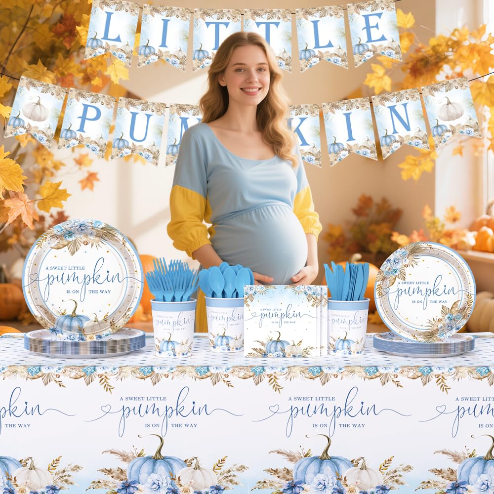 AIBIIN 194Pcs Fall Pumpkin Baby Shower Decorations for Boys, Boho Floral Pampas Grass Little Pumpkin Party Supplies Disposable Tableware Set Plates Napkins Banners Plastic Tablecloth for Baby Shower