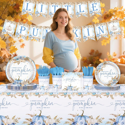 AIBIIN 194Pcs Fall Pumpkin Baby Shower Decorations for Boys, Boho Floral Pampas Grass Little Pumpkin Party Supplies Disposable Tableware Set Plates Napkins Banners Plastic Tablecloth for Baby Shower