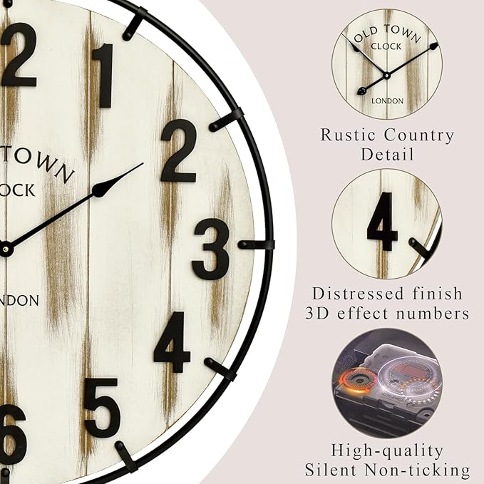 Farmhouse White 30 Inch Wooden Large Wall Clock, Silent Non-Ticking Quartz Movement, Battery Operated Modern Rustic Clock for Living Room, Kitchen, Office, Home Decor