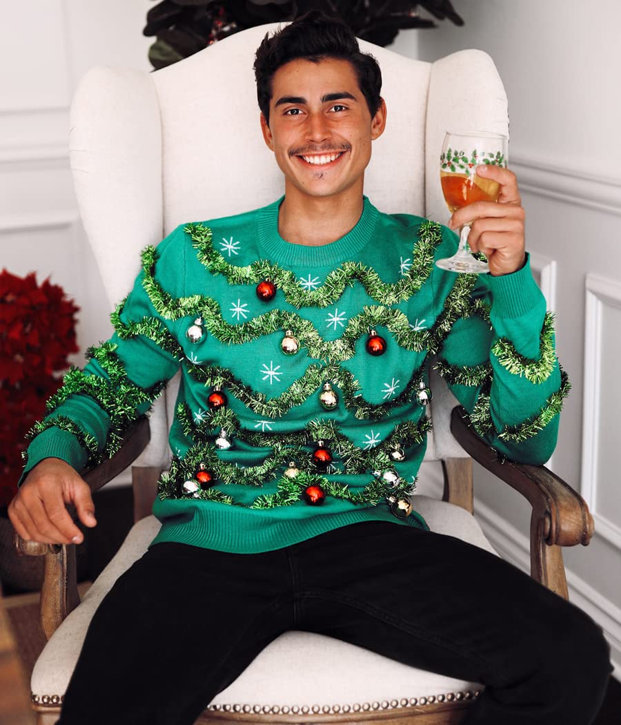 Tipsy Elves Men's Ugly Christmas Sweaters - Funny and Tacky Embellished Christmas Sweaters for Men - Green Gaudy Garland Christmas Sweater with Tinsel and Ornaments Size Large