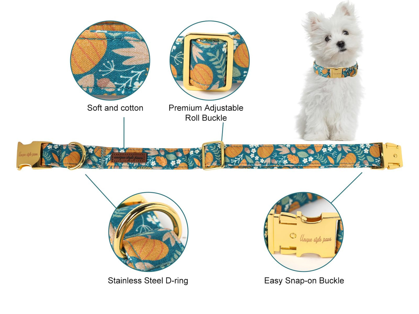 Unique style paws Dog Collar Green Pumpkin Flower Metal Buckle Durable Puppy Collar Halloween for Small Medium Large Boys Girls Dogs