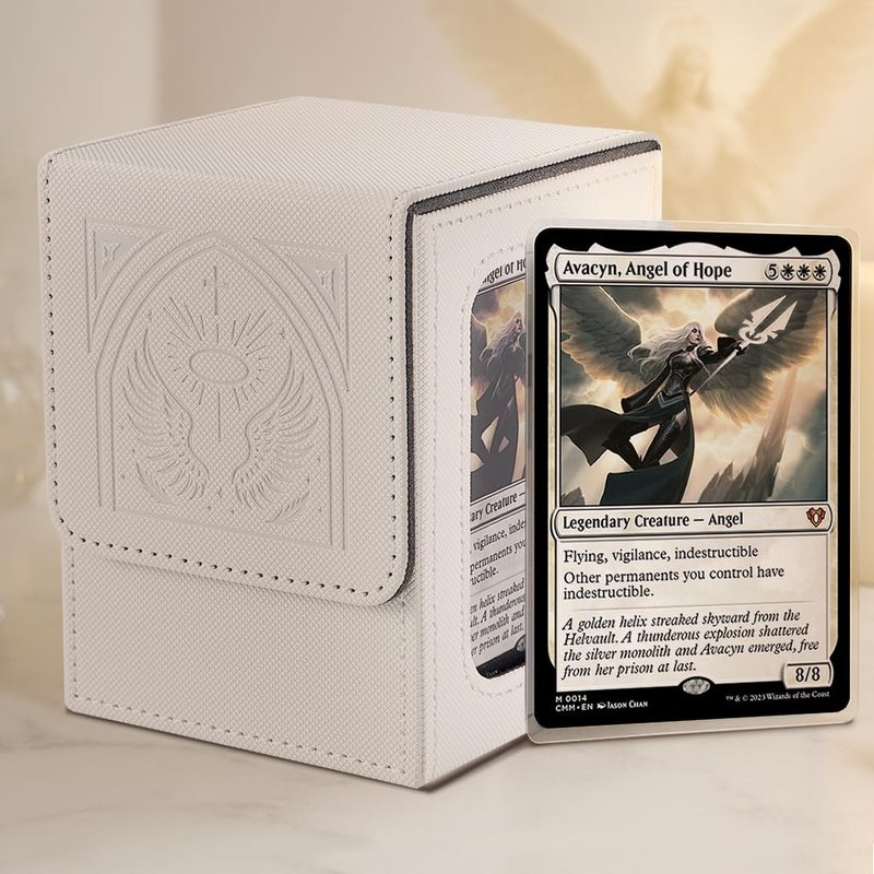 Venssu MTG Deck Box with Commander Display, Angel Card Deck Case Fits 120 Single Sleeved Cards, TCG Card Storage Box with 2 Dividers and 1 Toploader (White＆Grey)