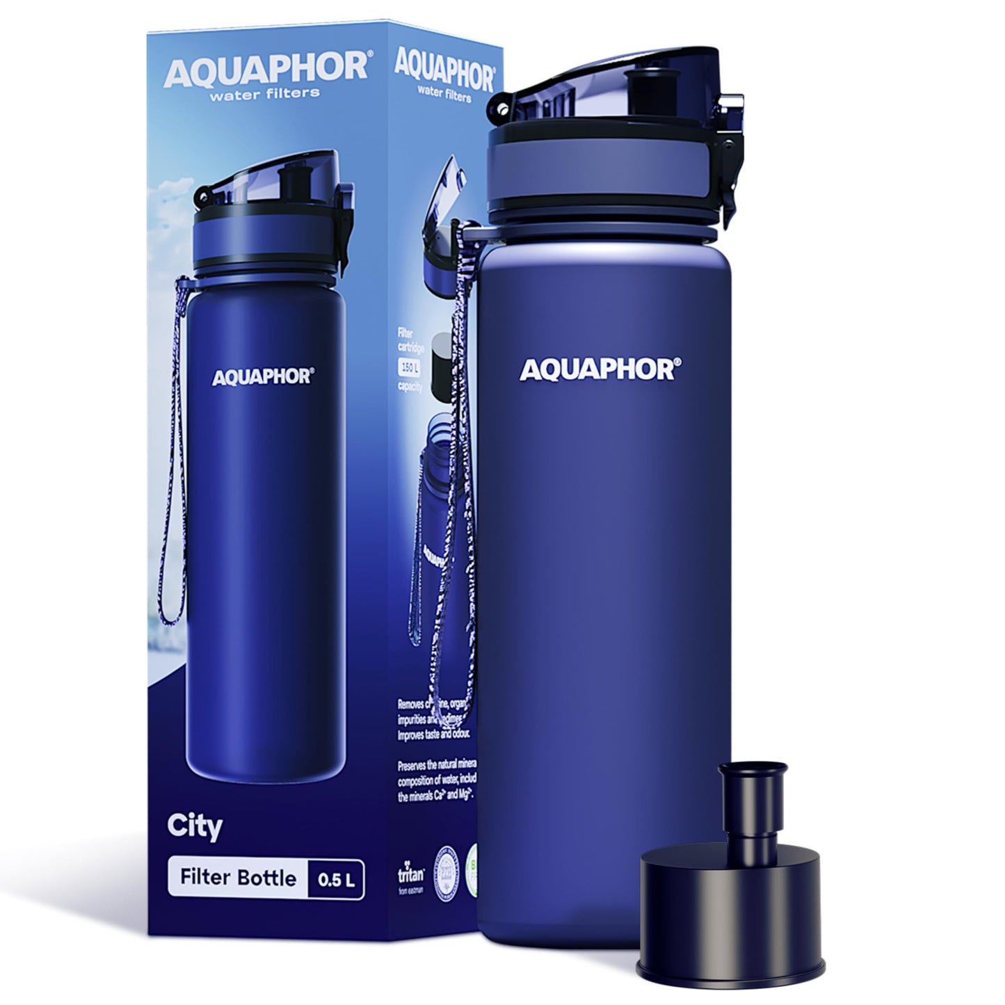 AQUAPHOR City Filtered Water Bottle in Tritan BPA-free - Portable with Integrated Water Purifying Filter 500 ml - Navy