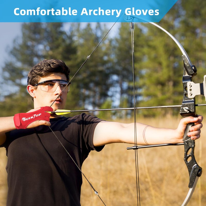 Seektop Archery Gloves Shooting Hunting Leather Three Finger Protector for Youth Adult Beginner (Red, S)