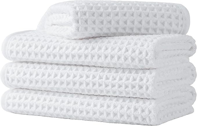 Microfiber Waffle Face Towels, 4 Pieces, Fast Drying, Lint Free 430 GSM
