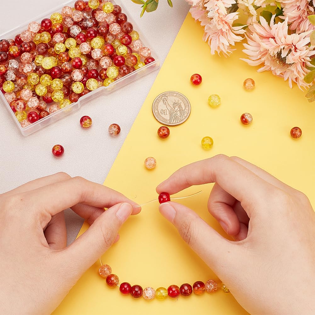 PH PandaHall 200pcs 8mm Fall Beads Yellow Orange Crackle Glass Beads Round Handcrafted Loose Bead Autumn Baking Painted Bead for Harvest Thanksgiving Bracelet Necklace Earrings Jewelry Making