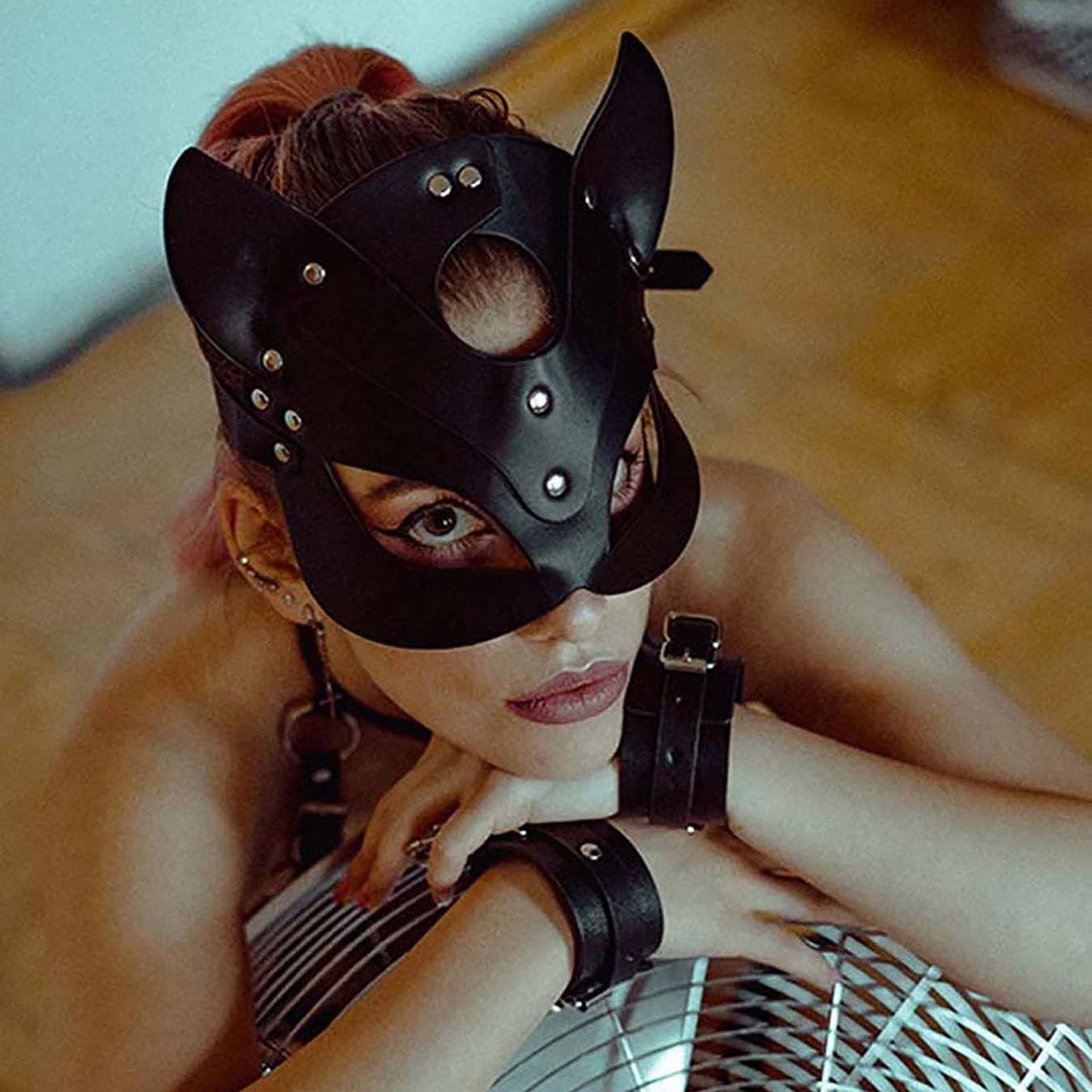 Soochat Leather Cat Mask Women's Cat Mask Adjustable Cat Face Mask for Masquerade Cosplay Halloween Party Costume Props