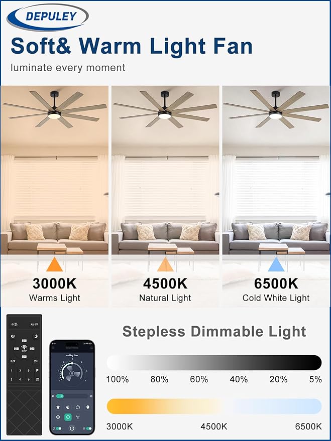 Depuley 72" Ceiling Fans with Lights: Large Indoor/Outdoor Ceiling Fan for Patios Living Room - 8 Blades Wooden Dimmable Ceiling Fans with Remote APP Control Timer Reversible Quiet DC Motor 6 Speeds