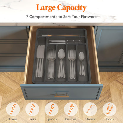 Lifewit Silverware Organizer with Lid, Covered Utensil Tray for Kitchen Drawer and Countertop, Plastic Cutlery and Flatware Storage Box for Spoons Forks Knives Holder Case, 6 Compartments, Black