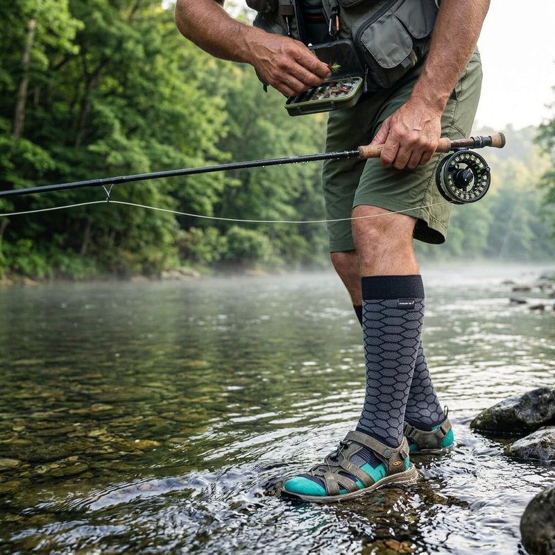 RANDY SUN Waterproof Fishing Socks, Men's Novelty Fishing Gear and Equipment Knee Length Hiking Socks Grey& Black& Green, Meidum