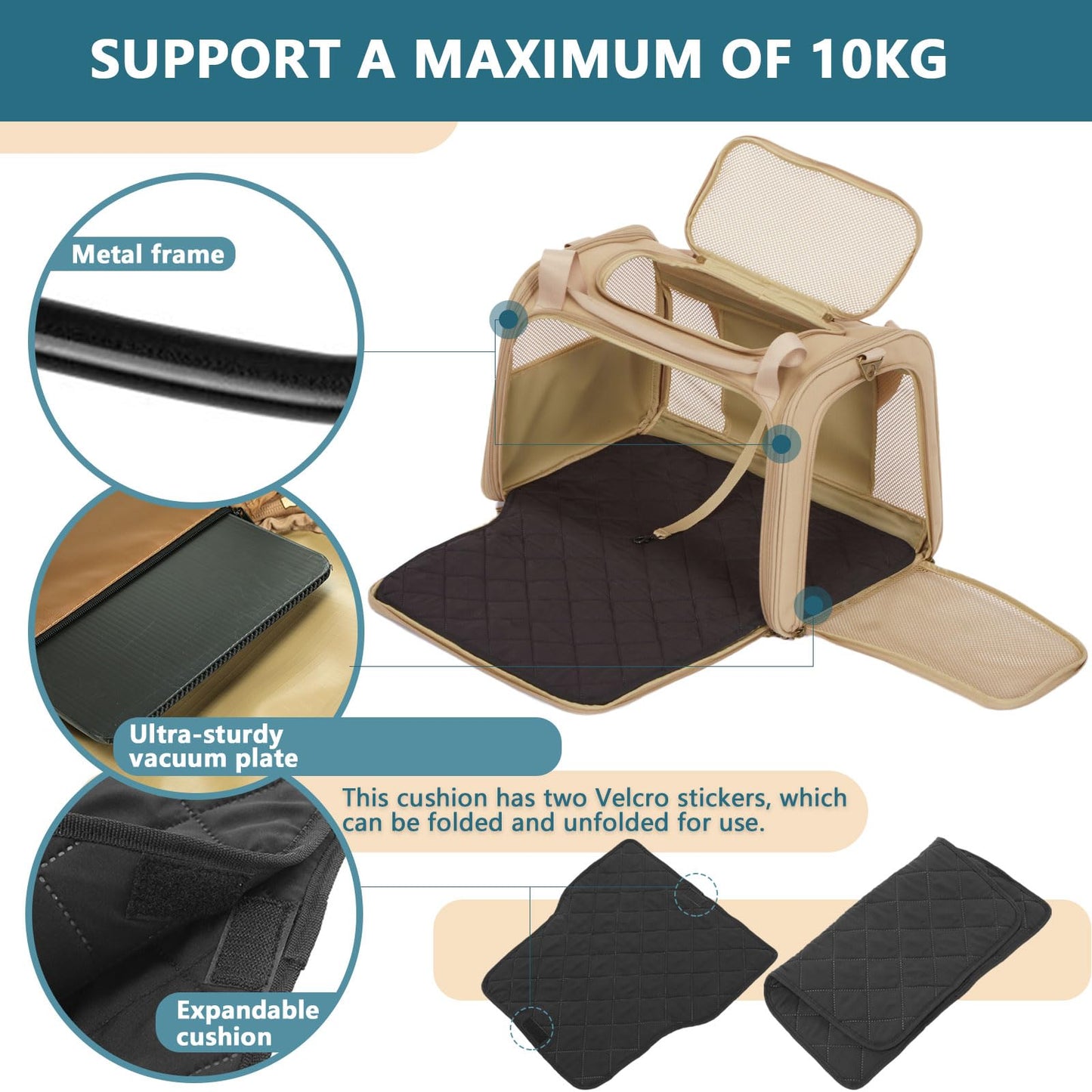Petsfit Large Cat Carrier, Lightweight Travel Use Pet Carrier for Small Dogs and Cat, Dog Carriers with Expandable mat, Upgraded Large Space Soft Sided Pet Travel Carrier, Khaki