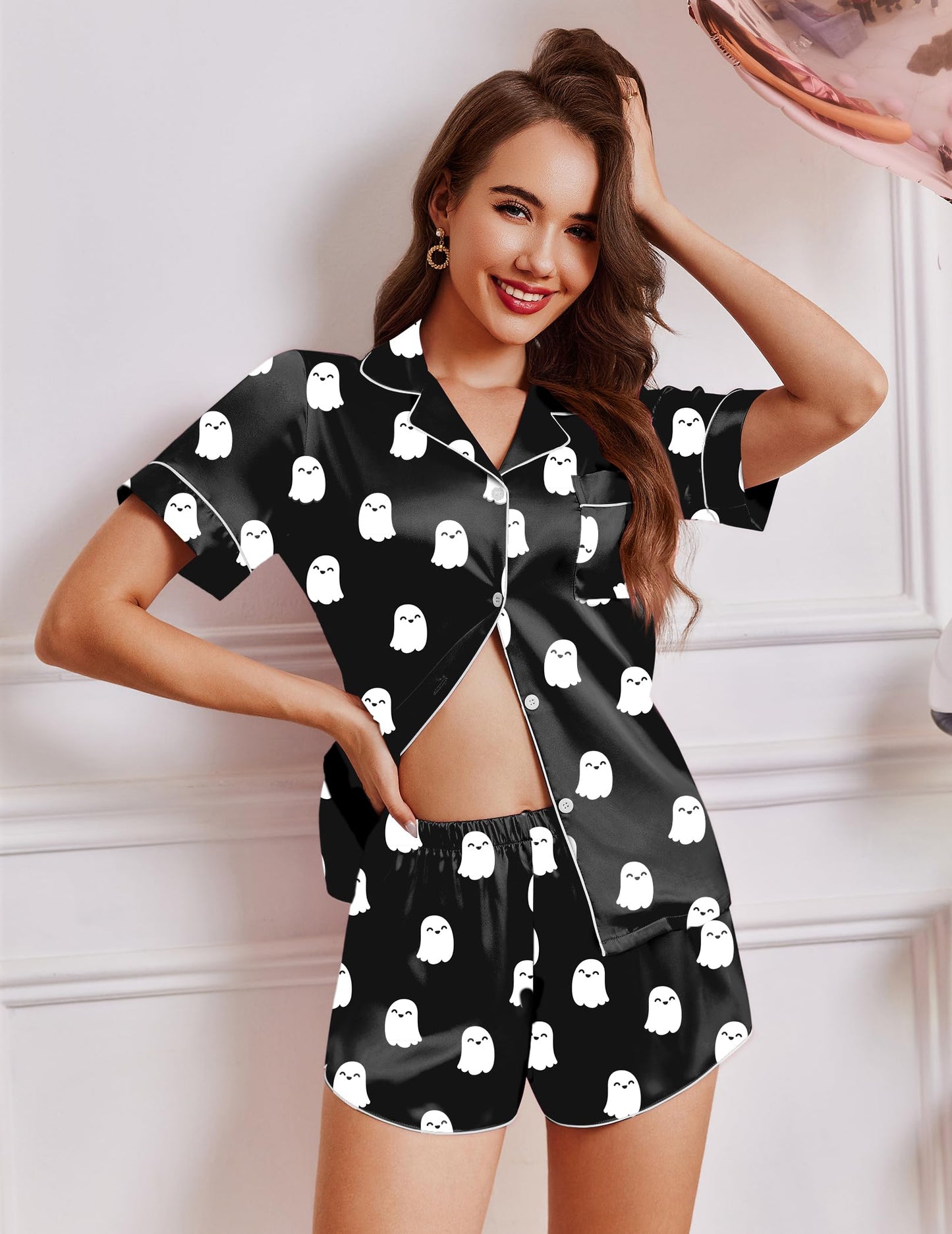 Ekouaer Womens Silky Satin Pajamas Short Sleeve Sleepwear Soft Button Down Loungewear 2 Piece PJS Shorts Set Black Halloween Ghost X-Large