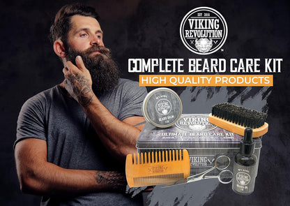 Beard Growth Kit - Oil, Balm, Serum, Derma Roller & Wooden Comb for Beard & Mustache Growth