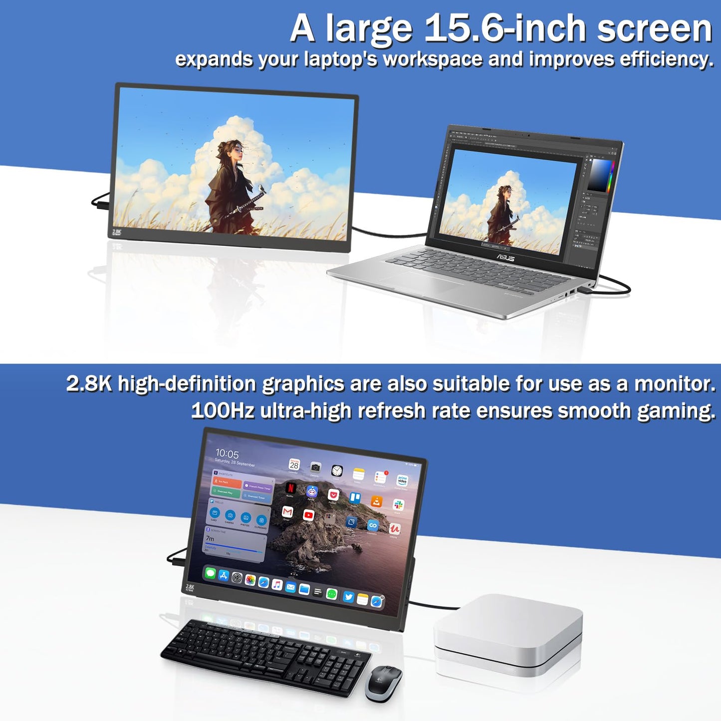 Portable Monitor Touchscreen, 15.6''Laptop Screen Extender, FHD IPS Touch Screen, Travel Monitor with Kickstand & Speaker, HDMI USB C External Monitors for Laptop Phone Computer Xbox Switch