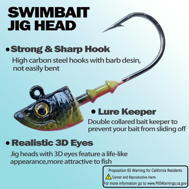 FISHCORNER Swimbait Jig Head Swimbait Jigs with 3D Eyes Minnow Jig Heads for Fishing Saltwater 10 pcs/Set 3/16oz