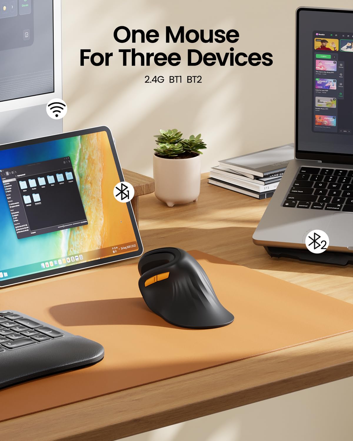 ProtoArc EM11 NL Ergonomic Mouse, Wireless Vertical Mini Mouse Rechargeable Optical Mice with Multi-Device (2*Bluetooth + USB Connection), 3 Adjustable DPI for Computer, iPad, Mac, Windows Black