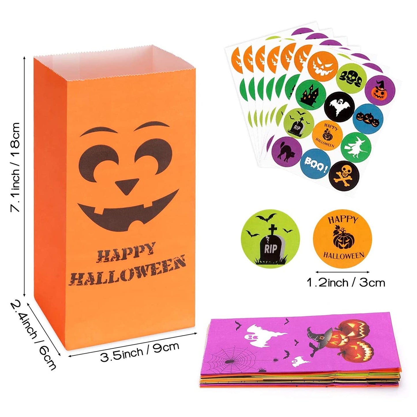 Halloween Treats Bags Party Favors 80 Pcs Kids Halloween Candy Bags for Trick or Treating + 84 Pcs Halloween Stickers, Mini Paper Gift Bags for Treats Snacks, Halloween Goodie Bags Party Supplies