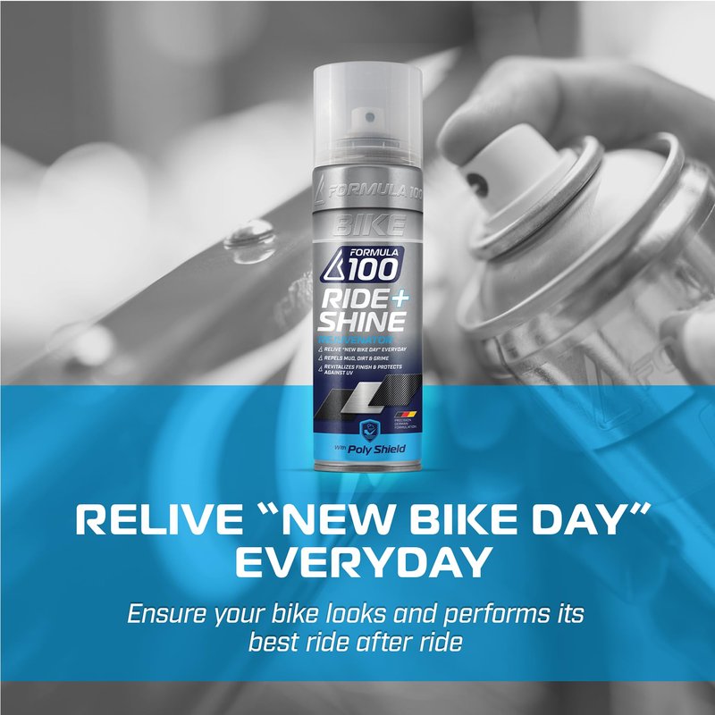 Formula 100 Ride + Shine Bike Finish Protectant and Rejuvenator – For Bicycles, Electric Bikes & eMotos – Protects Against UV Rays, Dirt, Dust & Grime + Repels Water, Mud & Salt