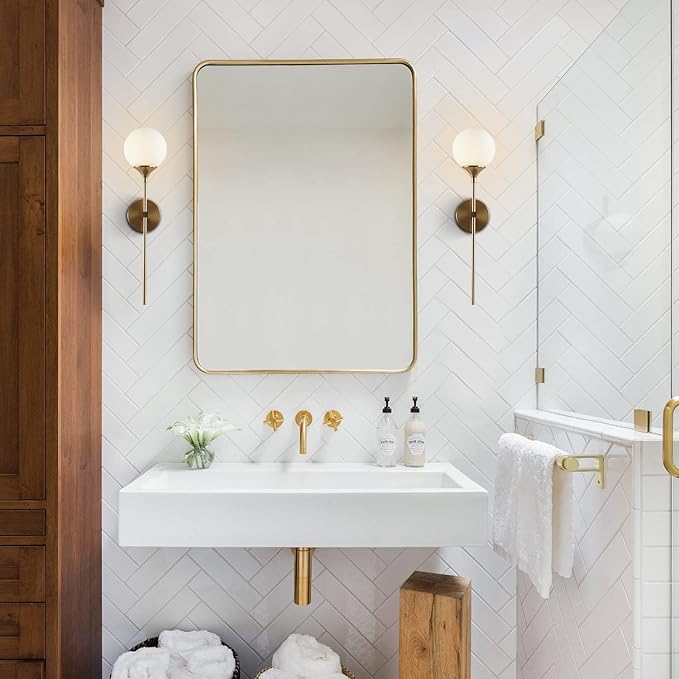 KCO Mid-Century Modern Wall Mounted Sconces Set of 2 Brushed Gold Globe Vanity Light Fixture Long Arm Industrial Bathroom Lighting Fixtures Over Mirror (White)