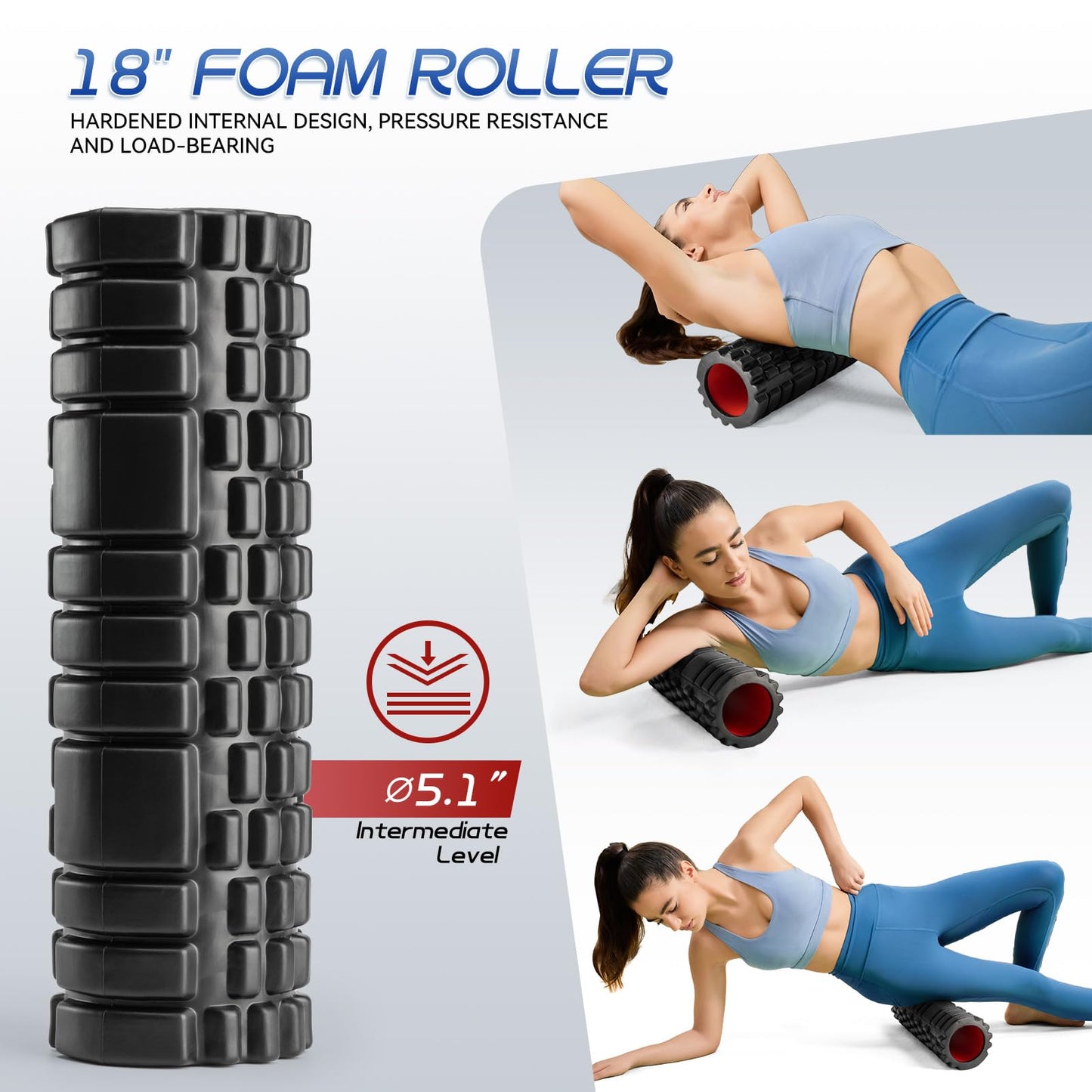Foam Roller High Density Foam Roller Set for Deep Tissue Muscle Massage, 18" Trigger Point Fitness Exercise Massage Roller, Self-Myofascial Release for Whole Body (Black-18(2 in 1))