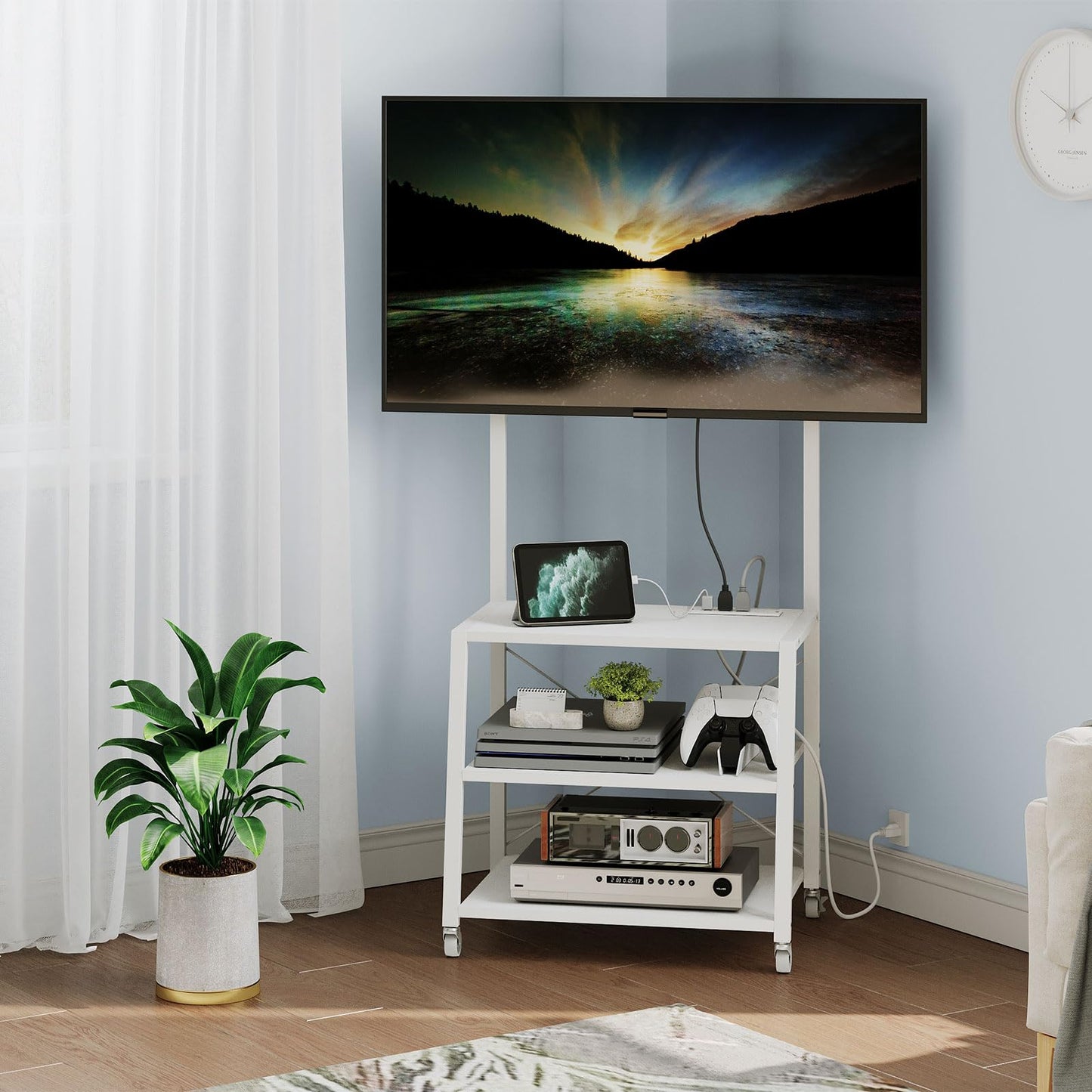 HOOBRO Rolling TV Stand with Mount and Power Outlet Up to 55 inch TV, Corner Entertainment Center, Small TV Stand with 3-Tier Storage Shelves for Living Room, Bedroom, Rustic Brown and Black BF66UDS01