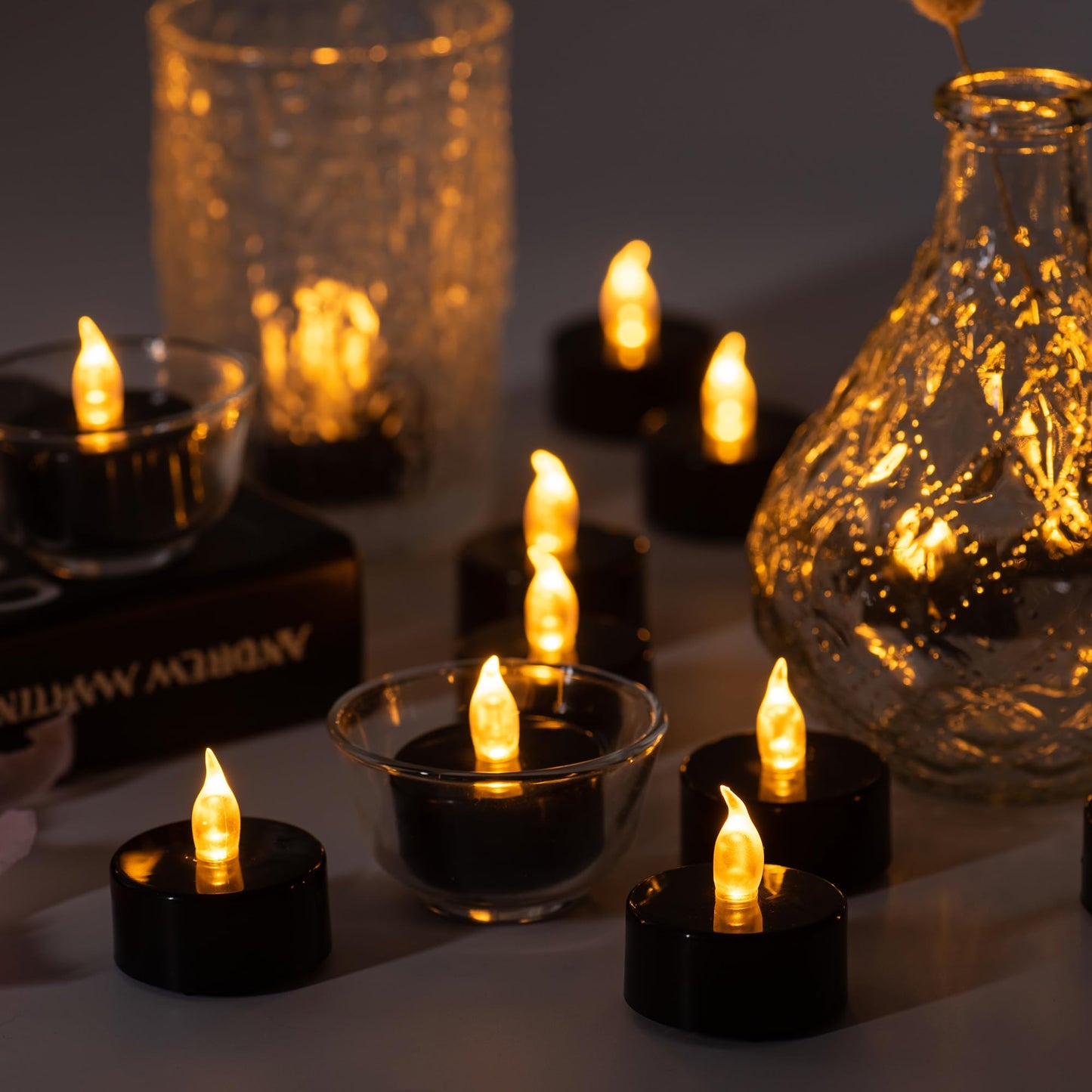 Pandaing Lasts 2X Longer Black Flameless Tealight Candles, 40 Pack, Batteries Included, Realistic Tea Lights Candles, Flickering Bright Tealights, Battery Operated Candles for Halloween Decorations
