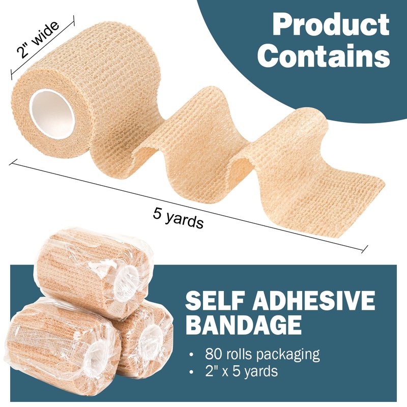 AZEN 80 Pack Self Adhesive Bandage Wrap, 2" X 5 Yards Elastic Cohesive Bandage Wrap, Skin Color Athletic Tape, Vet Wrap, Ankle Tape, Tattoo Grip Tape Wrap