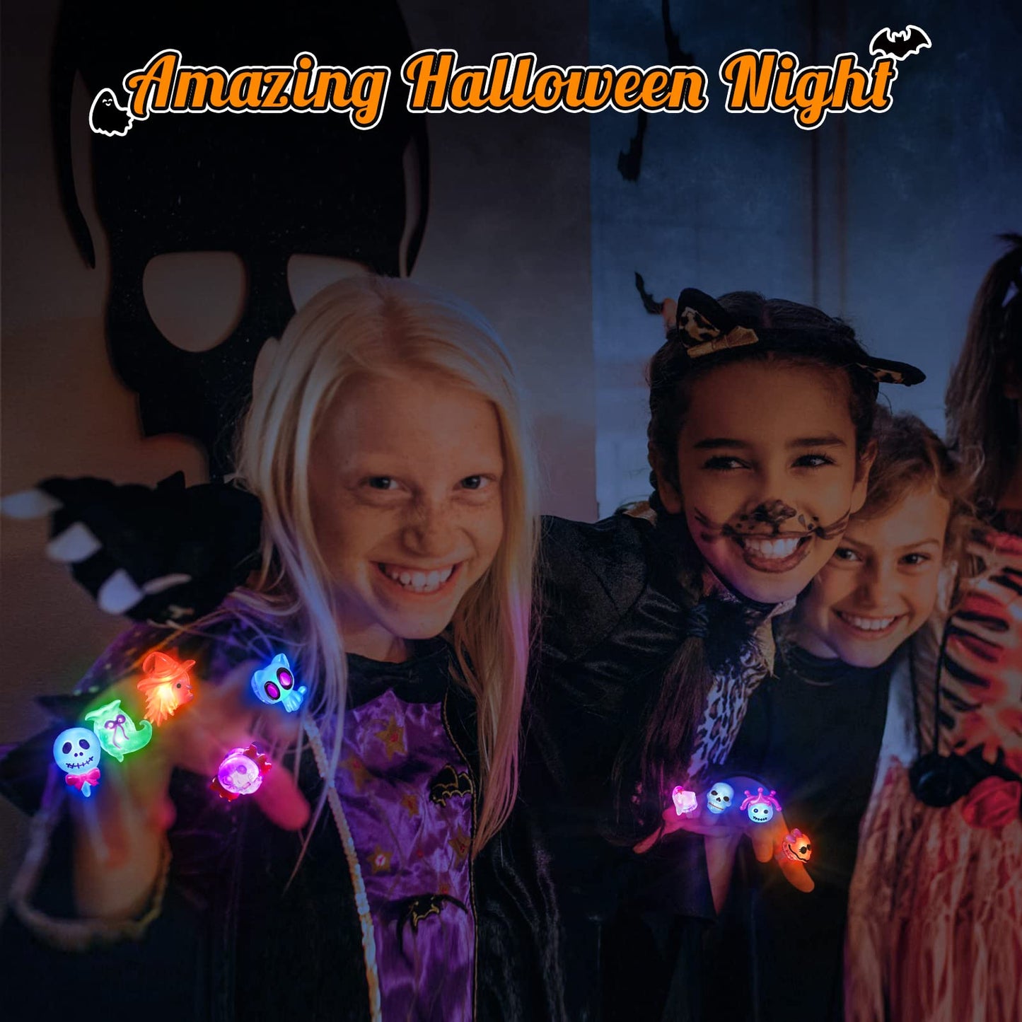 NPET 50Pcs Halloween Treats Light Up LED Rings, Non Candy Halloween Trick or Treats 3D Flashing Rings Toys Glow In the Dark Halloween Party Favor Ring Toy Gifts For Kids Adults Goodie Bag Stuffers