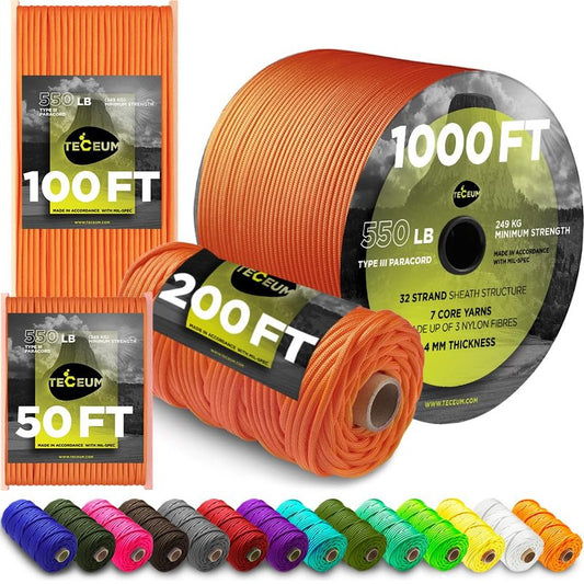 TECEUM Paracord Type III 550 Orange Yellow – 100 ft – 4mm – Tactical Rope MIL-SPEC – Outdoor para Cord –Camping Hiking Fishing Gear and Equipment – EDC Parachute Cord – Strong Survival Rope