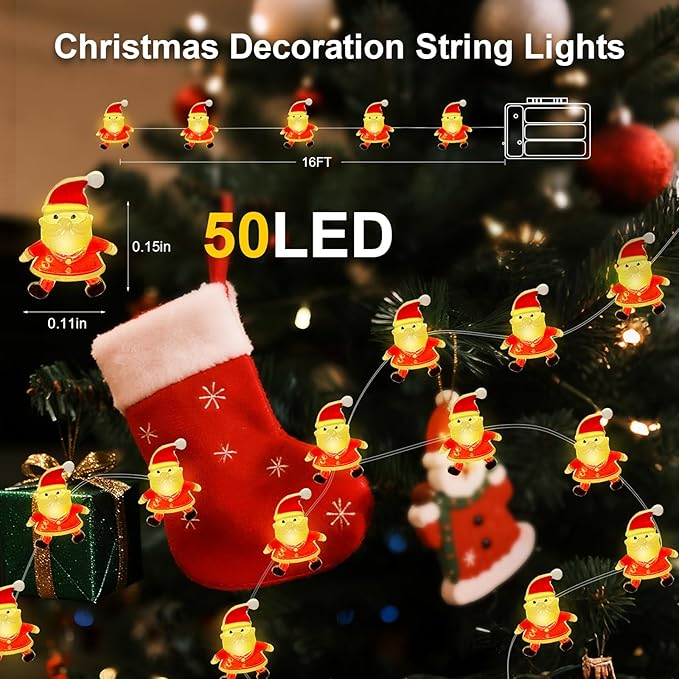 Aogist Christmas Santa String Lights, 16ft 50 LED Battery Powered Santa Claus Decoration Lights for Indoor Outdoot Party Festival Christmas Decorative