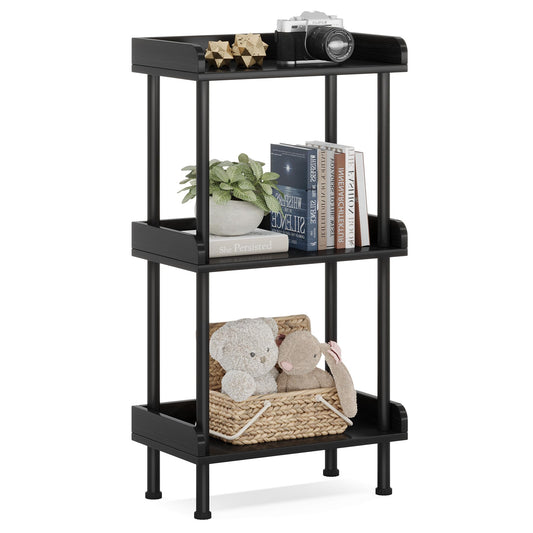 Hosfais Bookshelf Small Book Shelf, 3 Tier Wood Bookcase Industrial Bookshelf with Edge Protection Metal Standing Book Shelves Display Book Rack for Living Room Bedroom Home Office (Black)