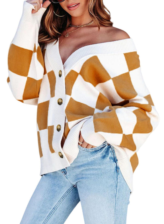 Dokotoo 2025 Early Fall Fashion Chunky Cardigan Sweaters for Women V Neck Button Up Long Sleeve Plaid Knit Sweater Casual Loose Checkered Chocolate Brown Fall Clothes Womens Cardigans Outerwear L