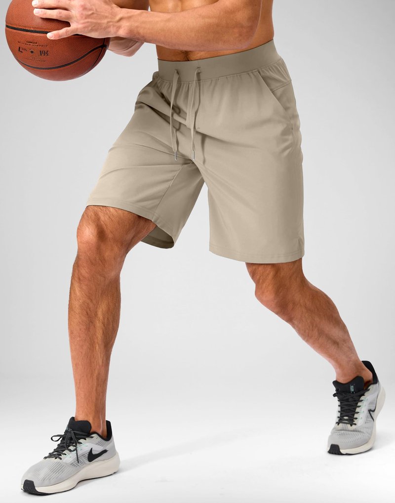 Soothfeel Men's Running Shorts with Zipper Pockets 9 Inch Lightweight Quick Dry Gym Sports Athletic Workout Basketball Shorts for Men (Khaki, M)