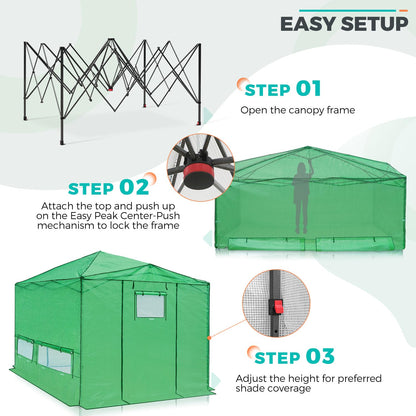 EAGLE PEAK 12x8 Portable Large Walk-in Greenhouse Instant Pop-up Fast Setup Indoor Outdoor Plant Gardening Green House Canopy, Front Roll-Up Zipper Entry Doors and Roll-Up Side Windows, Green