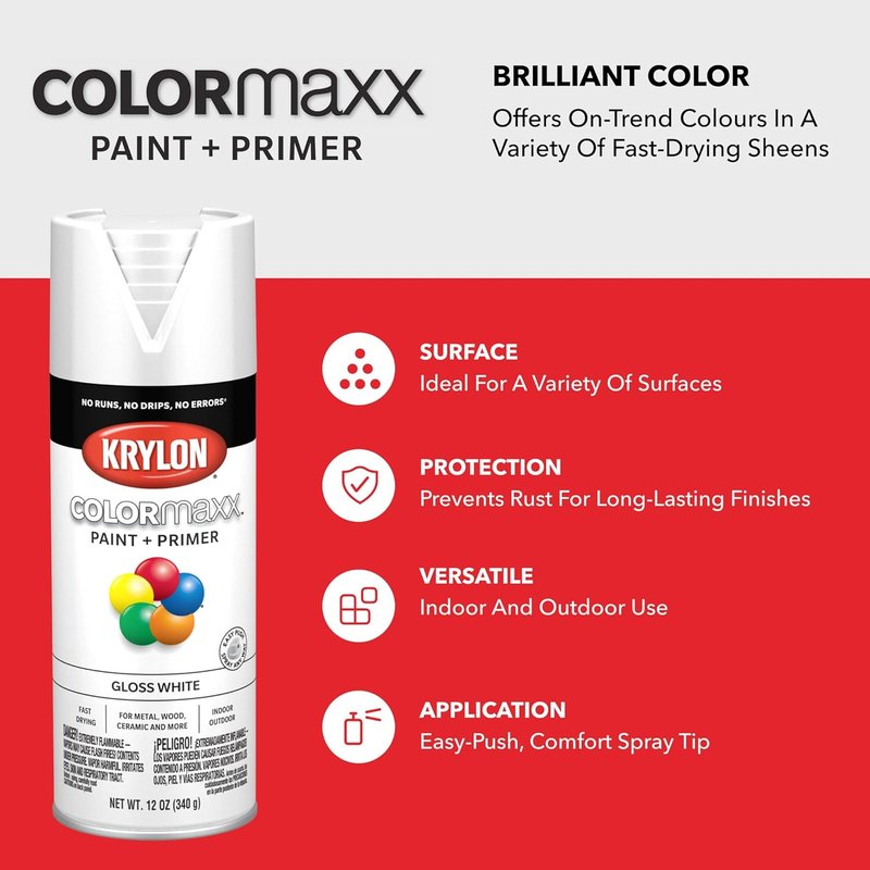 Krylon COLORmaxx Spray Paint & Primer - Gloss White 12 Oz for Indoor/Outdoor Use