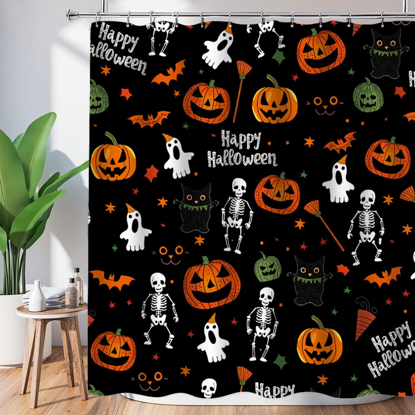 Cnayuep Halloween Shower Curtain, Black Fall Shower Curtains for Bathroom, Horror Skeleton Halloween Curtains Ghost Shower Curtain Set for Bathroom Decor, Waterproof Bathroom Curtain 72"X72"