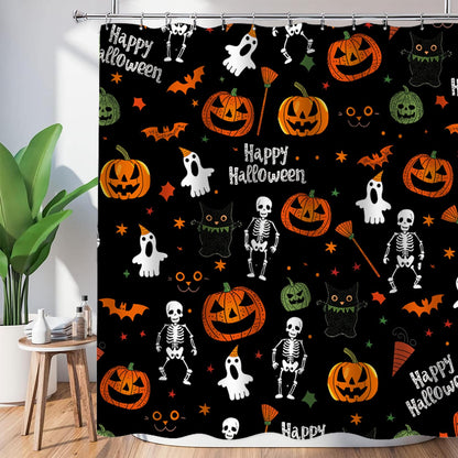 Cnayuep Halloween Shower Curtain, Black Fall Shower Curtains for Bathroom, Horror Skeleton Halloween Curtains Ghost Shower Curtain Set for Bathroom Decor, Waterproof Bathroom Curtain 72"X72"