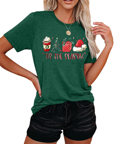 YZMI Tis The Season Christmas Tree T-Shirt Latte Coffee Xmas Gift Santa Hat Tee Tops Green L