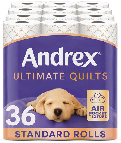 Andrex Ultimate Quilts Toilet Tissue 36 Rolls, Air Pocket Technology for Soft, Thick Sheets - Bulk Pack of 36 Quilted Toilet Rolls, FSC Certified